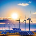 alternative energy solar panels and wind turbines in the desert at Royalty Free Stock Photo