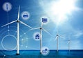 Alternative energy source. Floating wind turbines in sea, scheme