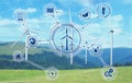 Alternative energy source. Wind turbines in field under sky and scheme Royalty Free Stock Photo