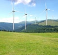 Alternative energy source. Wind turbines in mountains under sky Royalty Free Stock Photo