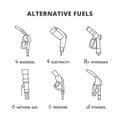 Alternative Fuels vector icons in line design. Biodiesel, Electricity, Hydrogen, Natural Gas, Propane, Ethanol, gas