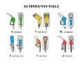 Alternative Fuels vector icons in line design. Biodiesel, Electricity, Hydrogen, Natural Gas, Propane, Ethanol, gas