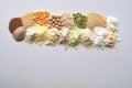 Alternative gluten-free flour, grains and legumes - teff, amaranth, corn, chickpeas, sorghum, green peas, quinoa, rice, coc