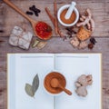 Alternative health care dried various Chinese herbs in wooden s Royalty Free Stock Photo
