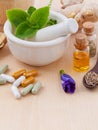 Alternative health care fresh herbal ,dry and herbal capsule wi Royalty Free Stock Photo