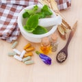 Alternative health care fresh herbal ,dry and herbal capsule wi Royalty Free Stock Photo