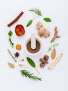 Alternative Medicinal herbs for herbal medicine for healthy recipe fresh and dry herbs with mortar on white background.