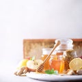 Alternative medicine concept. Ingredients for flu fighting natural hot drink. Copy space. Lemon, ginger, mint, honey, apple and Royalty Free Stock Photo