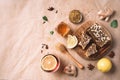 Alternative medicine concept. Ingredients for flu fighting natural hot drink. Copy space. Top view. Lemon, ginger, mint, honey, Royalty Free Stock Photo