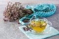 Alternative medicine. A cup of tea with oregano on the table and a dry bunch of herbs nearby