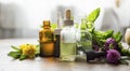 Alternative medicine, healing herbs oils, green herbal aromatherapy oils with medicinal plants and herbs Royalty Free Stock Photo