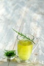Alternative Medicine. Herbal Therapy. Horsetail infusion in glass cup. grey background