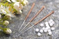 Alternative medicine with homeopathic pills and acupuncture needles Royalty Free Stock Photo