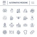 Alternative medicine line icons. Naturopathy, traditional treatment, homeopathy, osteopathy, herbal fish and leech Royalty Free Stock Photo