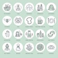 Alternative medicine line icons. Naturopathy, traditional treatment, homeopathy, osteopathy, herbal fish and leech