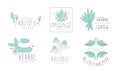 Alternative medicine logo design set, herbal, massage, holistic center hand drawn vector Illustrations on a white