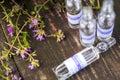 Alternative Medicine.Thyme and medical ampoules. Essential oils