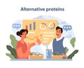Alternative Proteins Concept. Two people discuss diverse protein sources like rice milk and seaweed.
