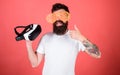 Alternative reality. Choice between reality and VR. Man making decision what choose real or virtual. Man bearded hipster Royalty Free Stock Photo