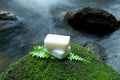 Alternative skin care homemade soap on stone, green leaf with tr