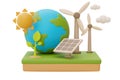 Alternative source of electricity concept with World globe,solar panels,wind turbine and Seedling,eco friendly,clean energy,3d