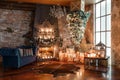 Alternative tree upside down on the ceiling. Winter home decor. Modern loft interior with fireplace and brick wall
