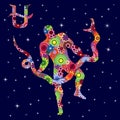 Alternative Zodiac sign Ophiuchus with flowers fill over starry