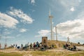 Alto del Perdon, Navarre, Spain: August 2022: Wrought iron pilgrims monument with pilgrims