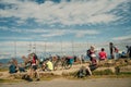 Alto del Perdon, Navarre, Spain: August 2022: Wrought iron pilgrims monument with pilgrims