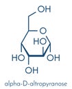 Altrose sugar molecule alpha-D-altropyranose form. Skeletal formula.