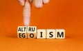 Altruism or egoism symbol. Concept words Egoism and Altruism on wooden cubes. Psychologist hand. Beautiful orange table orange