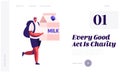 Altruistic Behavior, Togetherness and Philanthropy Website Landing Page. Male Character Carry Huge Milk Box