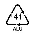 ALU 41 recycling sign in triangular shape with arrows. Aluminium reusable icon isolated on white background