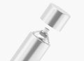 Aluminium aerosol bottle with open lid, metal spray can of paint, empty cylinder silver container for deodorant or Royalty Free Stock Photo