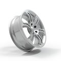 Aluminum wheel image 3D high quality rendering. White picture figured alloy rim for car, tracks. Best used for Motor Show promotio