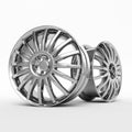 Aluminum wheel image 3D high quality rendering. White picture figured alloy rim for car, tracks. Best used for Motor Show