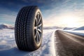 Aluminium alloy or steel auto wheel on the road. Close-up of a car wheel with a rubber tire for winter weather. Generative AI