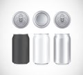 Aluminium beer pack. Metal, black and white can front, top and bottom view. Can vector visual 330 ml. For beer, lager, alcohol, Royalty Free Stock Photo