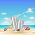 Aluminium beverage can and sea shell starfish on a sea sand beach Royalty Free Stock Photo