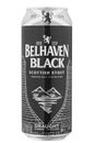 Aluminium can beer Belhaven Black, on white background. Insulated packaging for catalog. Water drops. File contains clipping