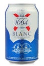 Aluminium can beer Kronenbourg 1664 Blanc on white background. Water drops. File contains clipping path