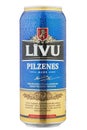 Aluminium can beer Livu Pilzenes, on white background. Insulated packaging for catalog. Water drops. File contains clipping path