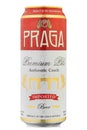 Aluminium can of beer Praga PREMIUM PILS on white background. Insulated packaging for catalog. Water drops. File contains clipping