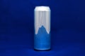 Aluminium can 0.5L on blue background. With blue reflection