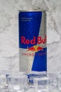 Aluminium can of Red Bull Energy drink with ice and drops. Red Bull is the most popular energy drink in the world