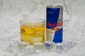 Aluminium can of Red Bull Energy drink with ice and drops. Red Bull is the most popular energy drink in the world