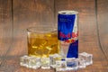 Aluminium can of Red Bull Energy drink with ice and drops. Red Bull is the most popular energy drink in the world Royalty Free Stock Photo