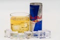 Aluminium can of Red Bull Energy drink with ice and drops. Red Bull is the most popular energy drink in the world