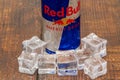 Aluminium can of Red Bull Energy drink with ice and drops. Red Bull is the most popular energy drink in the world