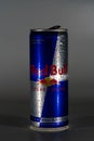 Aluminium can of Red Bull Energy drink with ice and drops. Red Bull is the most popular energy drink in the world